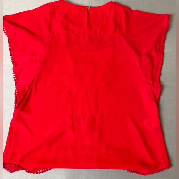 Anthropologie Meadow Rue Blouse Size XS Coral Red Pom Pom - Picture 3 of 6